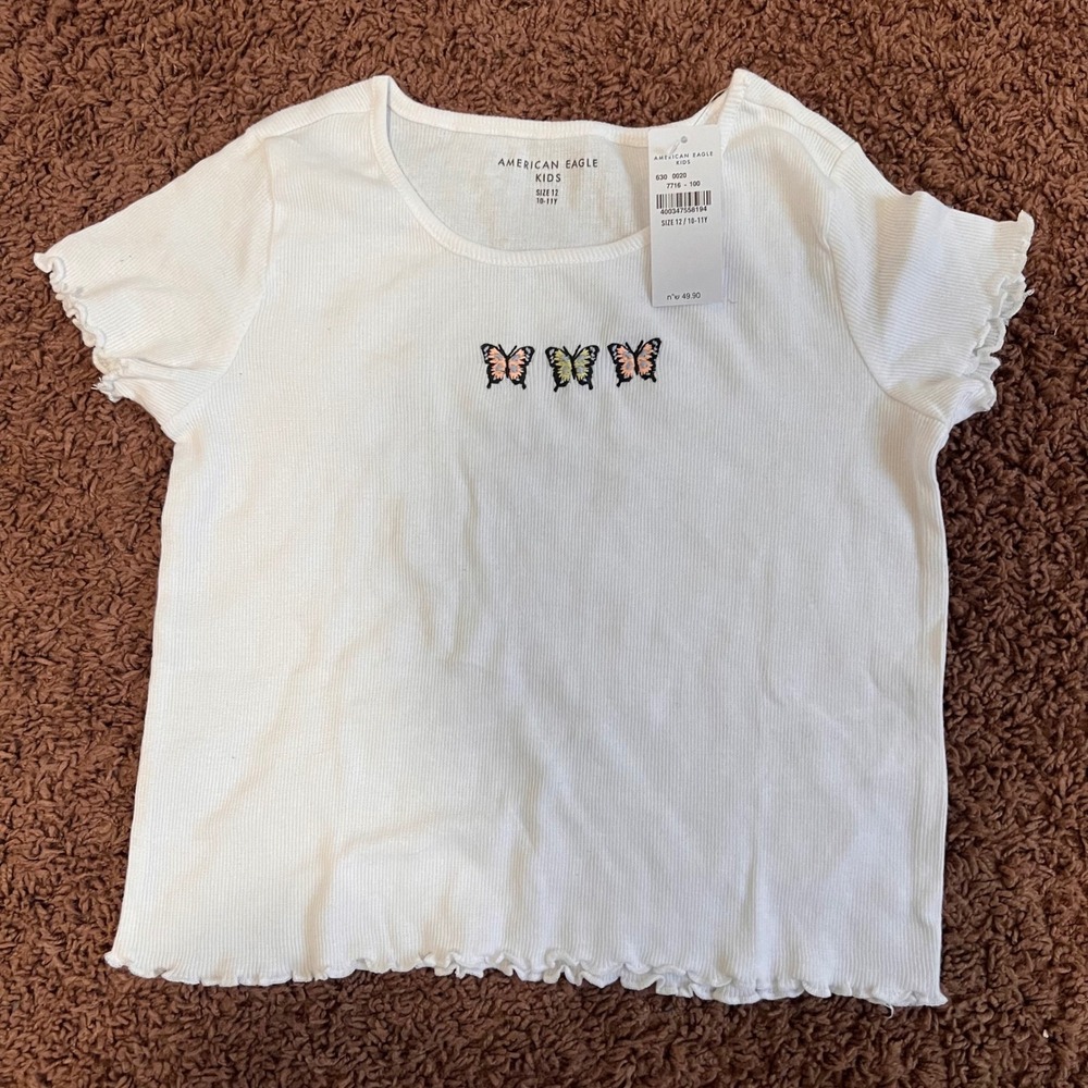 American Eagle Kids White Butterfly Graphic Ribbed Lettuce Hem Crop‎ Top Size 12